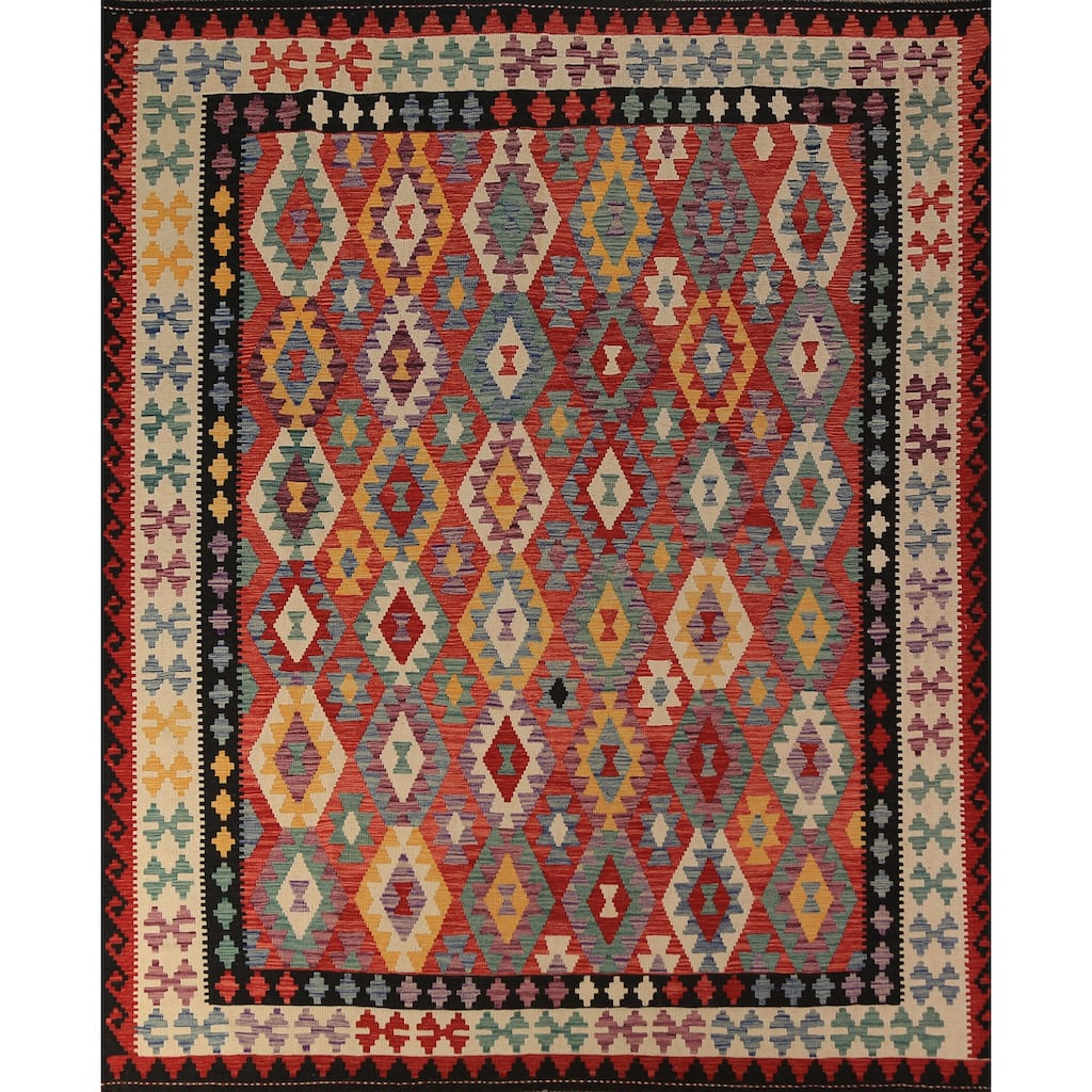 All-Over Trellis Kilim Oriental Area Rug Flatweave Wool Carpet - 8'4"x 9'5"
