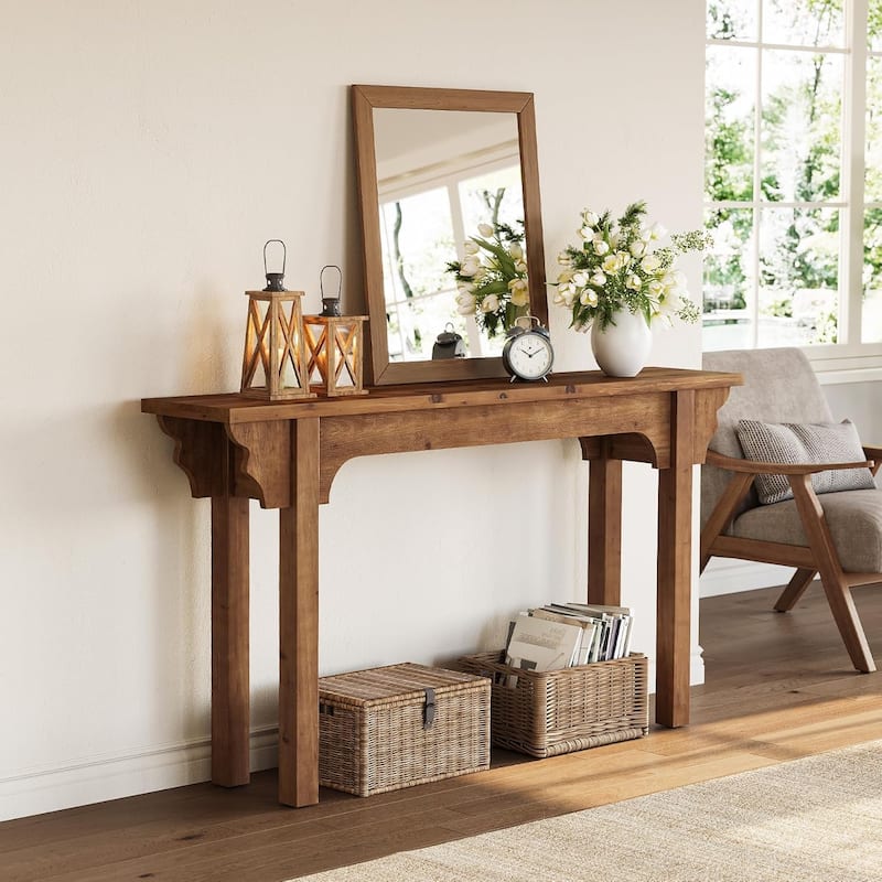 63" Solid Wood Console Table, Mid-Century Modern Entryway Table for Living Room, Entrance, Hallway, Foyer