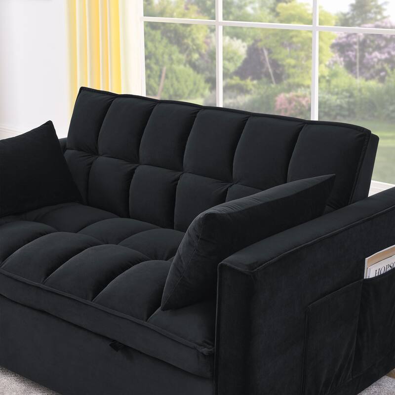 Black 53.94" Velvet 3 in1 Loveseat Pull-Out Sofa Bed withTwo Side Pockets and Adjustable Backrest for Living Room