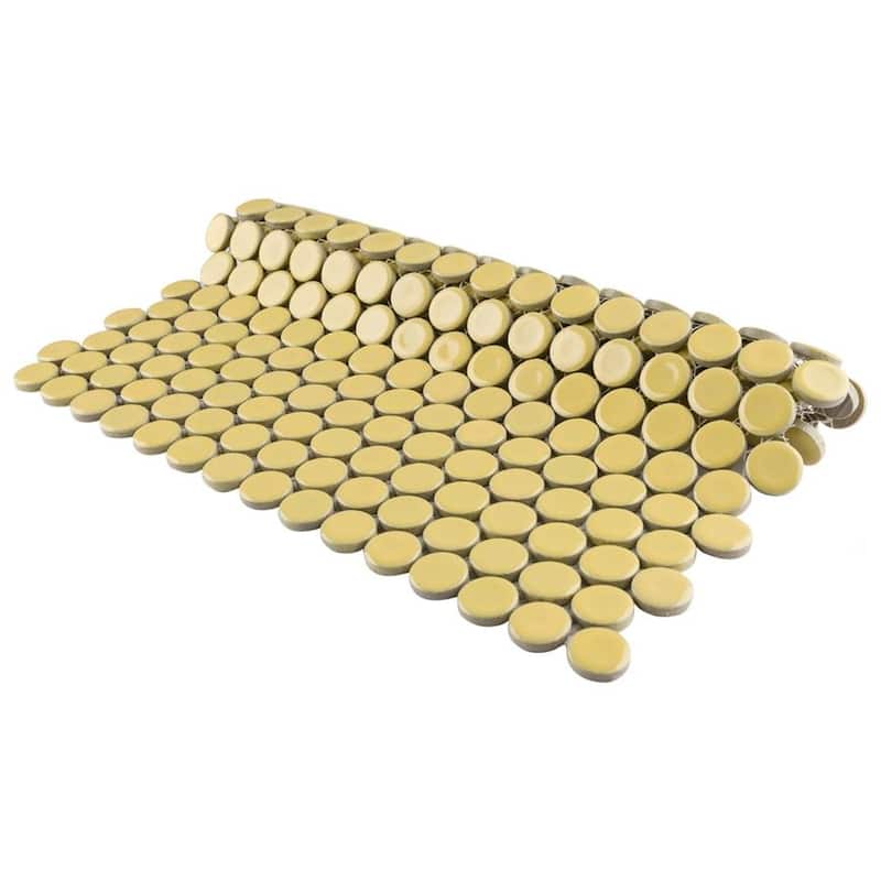 Merola Tile Hudson Penny Round Vintage Yellow 11-7/8 x 12-5/8 Porcelain Mosaic Tile