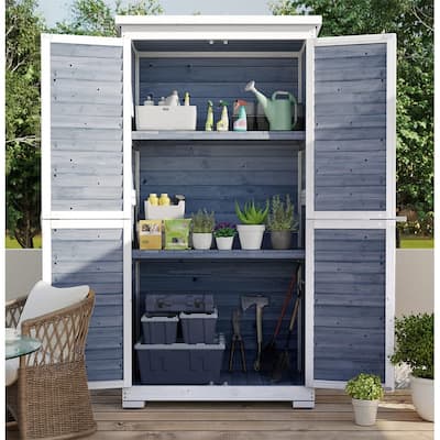 Outdoor Storage Cabinet with 3 Shelves, Outside Vertical Tall Tool Shed Double Lockable Wooden Garden Shed with Waterproof Roof