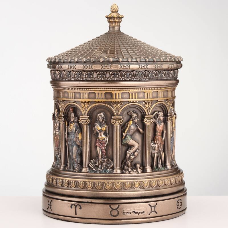 6.5 inches Height Cold Cast Bronze Greek Pantheon Zodiac Rotunda Rotating Trinket Box Bronze Finish Figurine