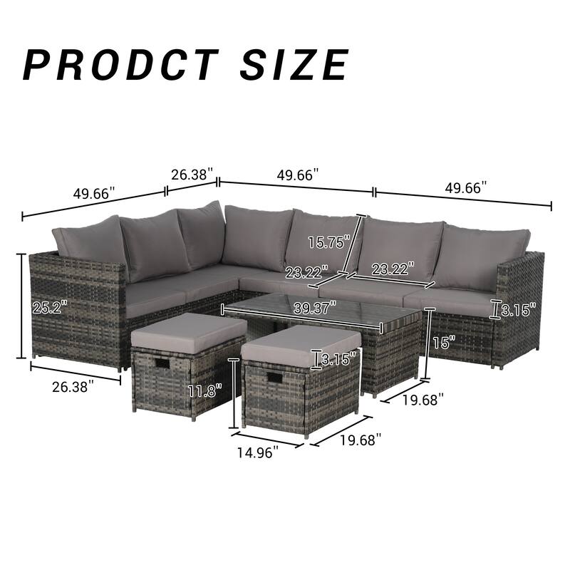 6-Piece Outdoor Patio Rattan Conversation Sectional Sofa Set with Tempered Glass Coffee Table