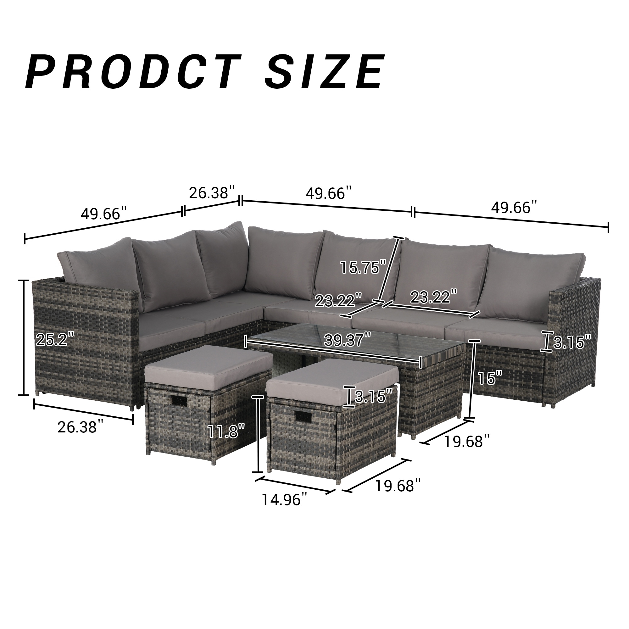 6 Piece Rattan Conversation Set with Glass Table and Pillows, Outdoor Wicker Modular Sofa Set with Zipper Cushions for Backyard