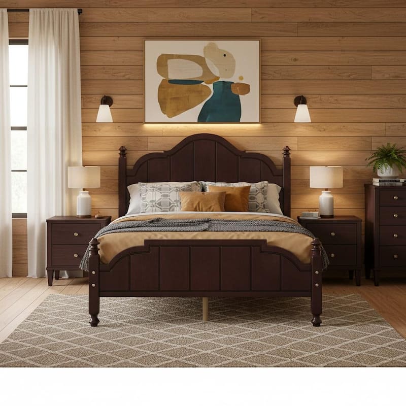 Wood Bed Frame with Sculpted Headboard by Harper&Bright Designs