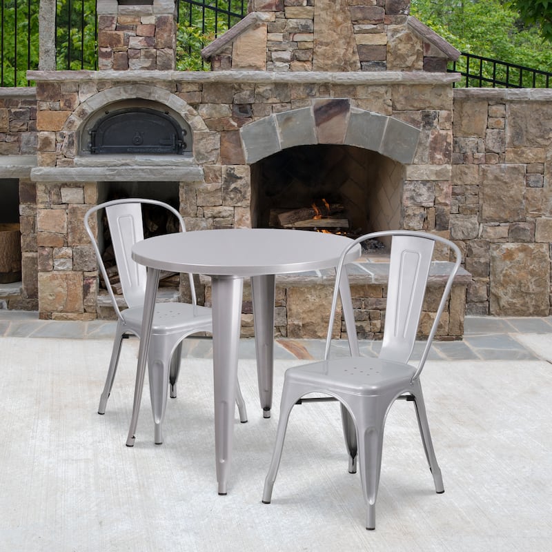 30-inch Round Metal Indoor-Outdoor Table Set - Silver