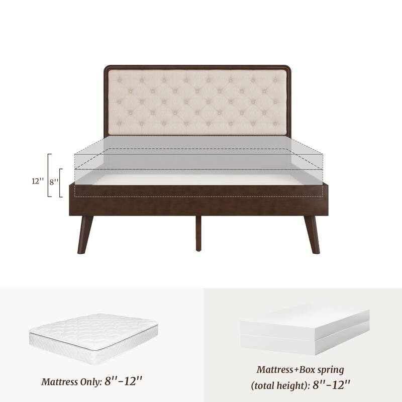 LUE BONA Solid Wood Panel Platform Bed with Button Tufted Headboard, Multi-Size wooden Rustic Bed Frame Bedroom Furniture