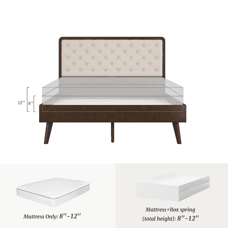 Solid Wood Full/Queen/King Size Platform Bed Frame with Upholstered Tufted Headboard