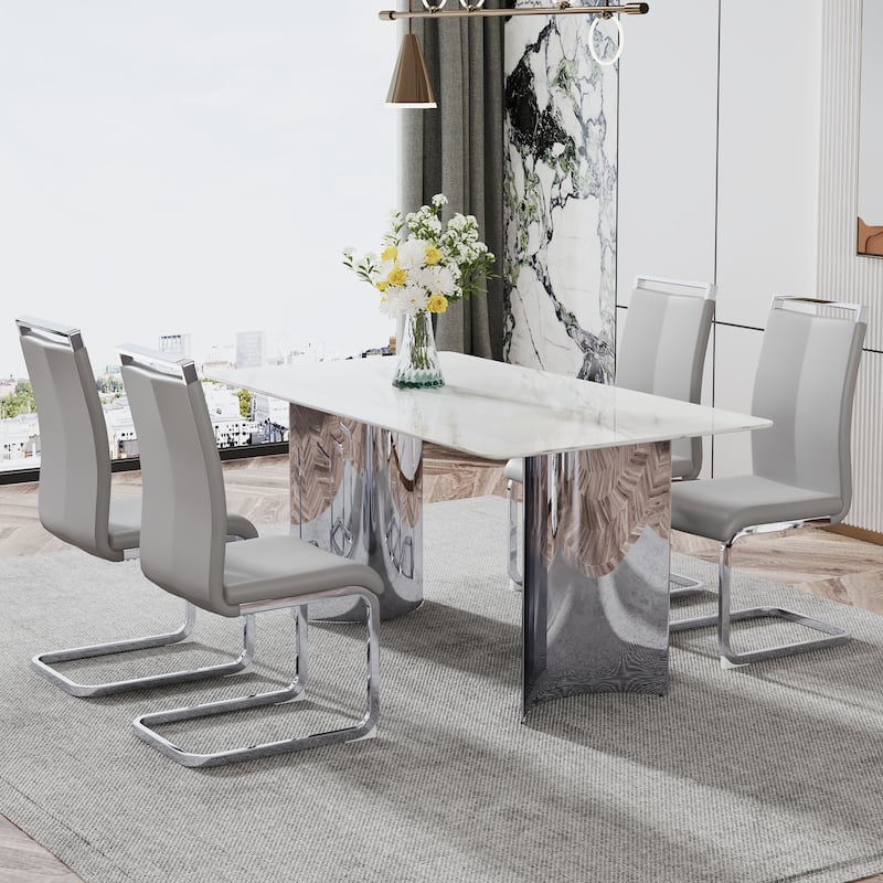 Modern Marble Glass Dining Set with Stainless Steel Legs & PU Chairs