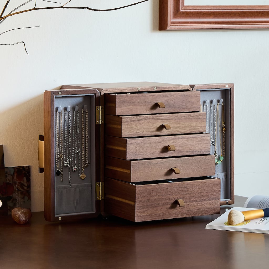 Antique Black Walnut Wooden Jewelry Organizer – 5-Layer Storage Box with Quatrefoil Handle for Rings, Earrings & Bracelets