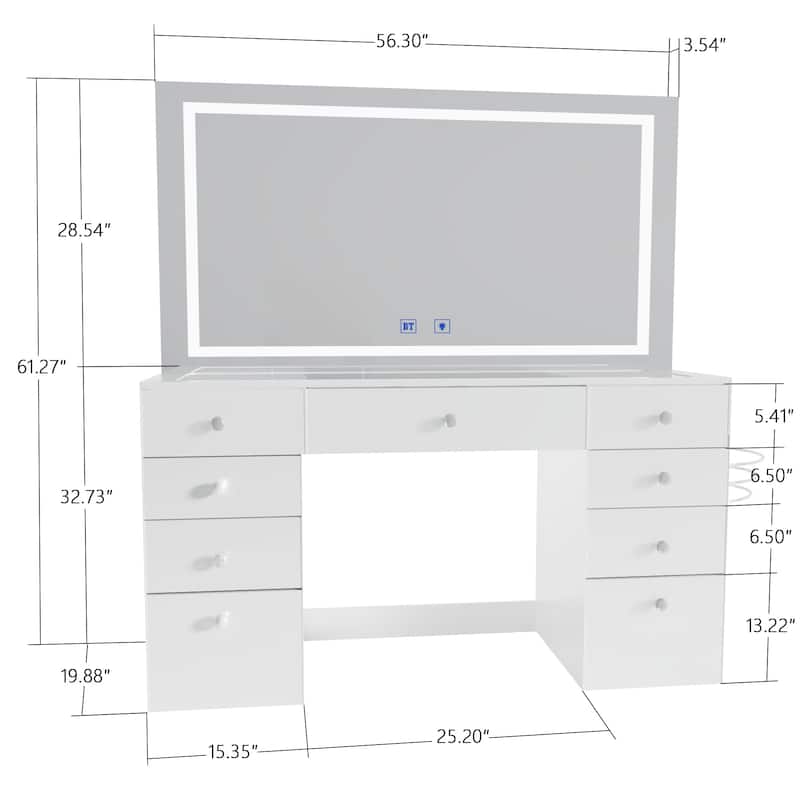 Smart Makeup Vanity Desk with LED Lighted Mirror, Bluetooth Speakers, Glass Top & 11 Drawers, White