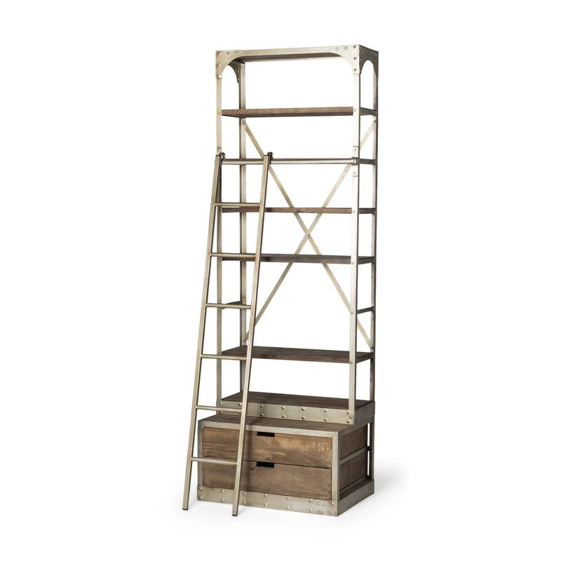 HomeRoots 32" Light Brown And Nickel Metal and Solid Wood Six Tier Library Bookcase with Two Drawers