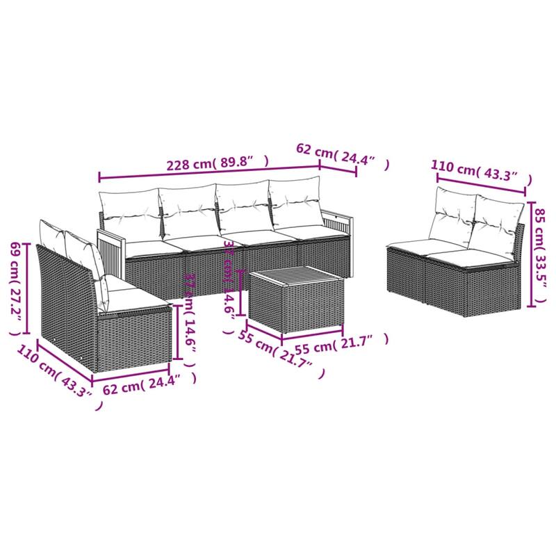 vidaXL Patio Sofa Set with Cushions Outdoor Conversation Furniture Poly Rattan