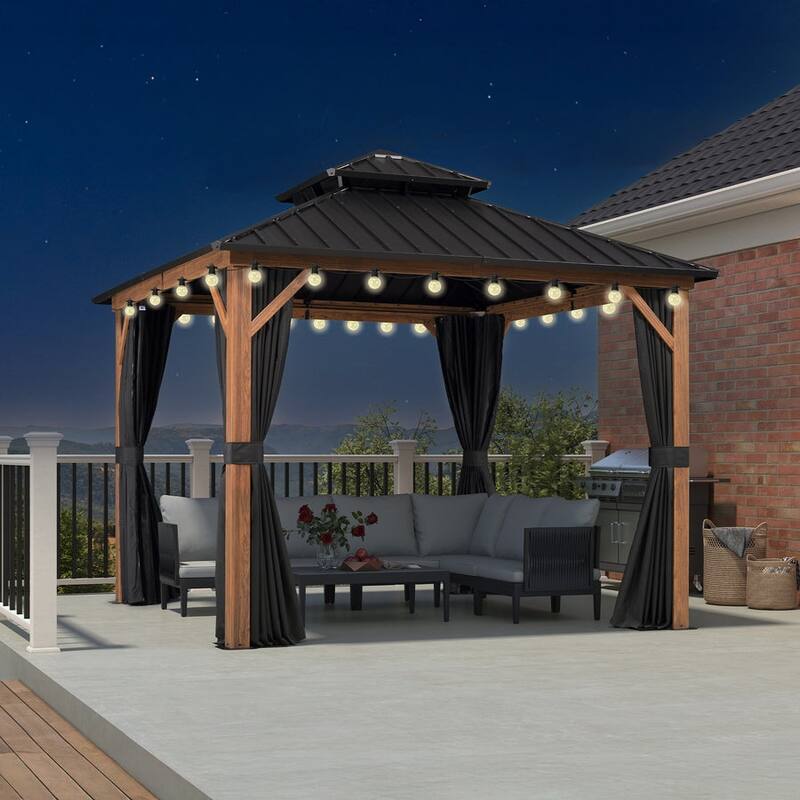 PURPLE LEAF Patio Hardtop Gazebo for Outdoor Wood Grain Aluminum Frame Galvanized Steel Double Roof and Backyard Garden - 10 x 10ft - With lights