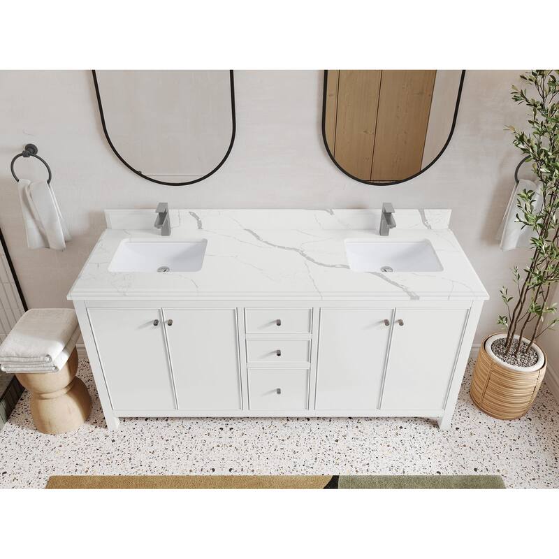 Willow Collections 72 in. W x 22 in. D Chicago Double Bowl Sink Bathroom Vanity with Countertop - 1.5” Calacatta Laza - White