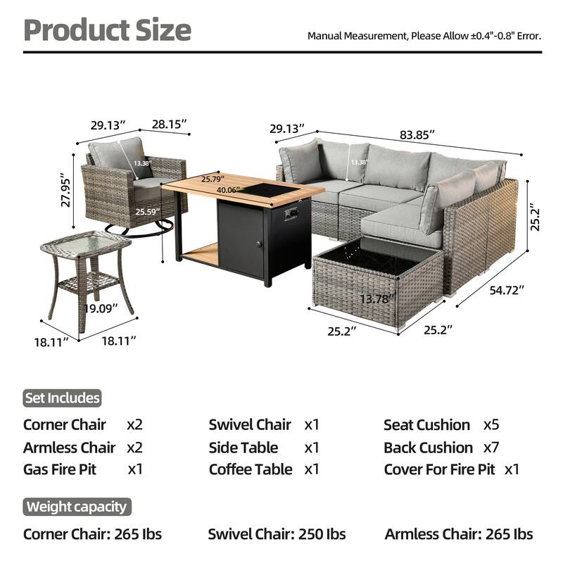 XIZZI 8-piece Outdoor Patio Furniture Sectional Set with Fire Pit Table