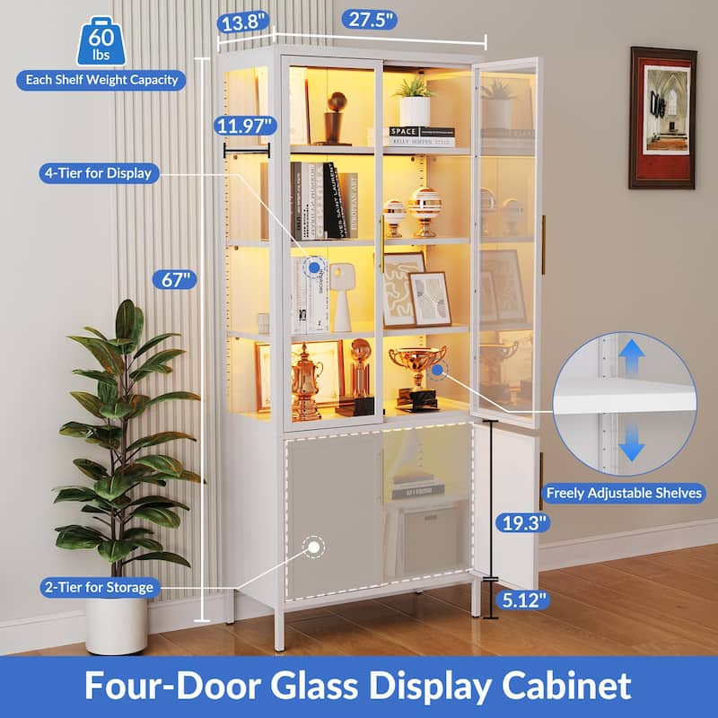 6-Tier Tempered Glass Curio Display Cabinet with 4 Doors, Adjustable Shelves, 13 Color Lights