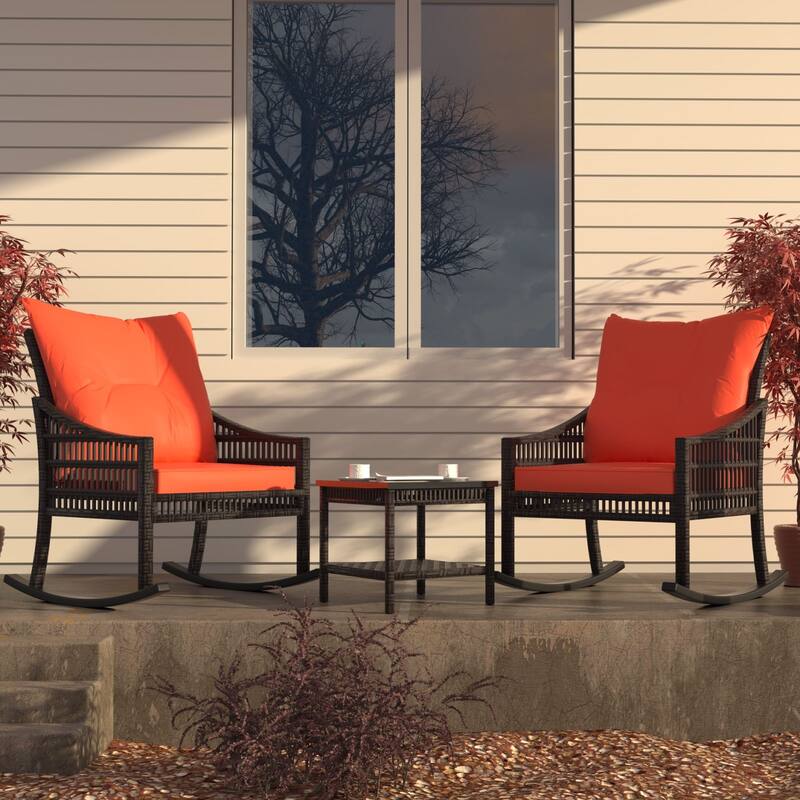 VEIKOUS 3-Piece Outdoor Wicker Patio Porch Rocking Chair and Rattan Coffee Table Set with Cushions and Pillows - Brown/Orange
