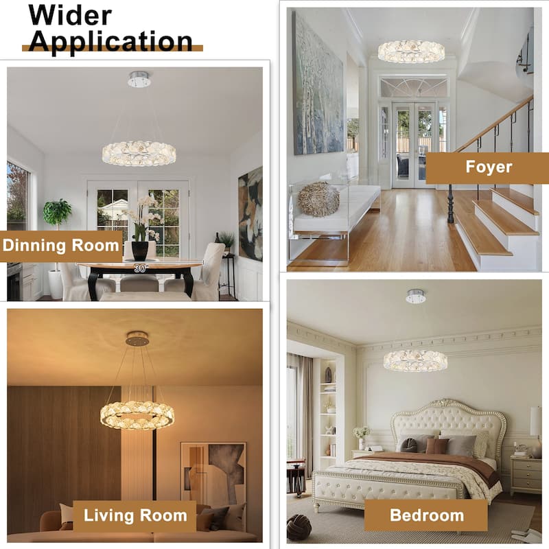 Ring Chrome LED Chandelier Textured Clear & Frosted Crystal Panels - Dia.19.69-in