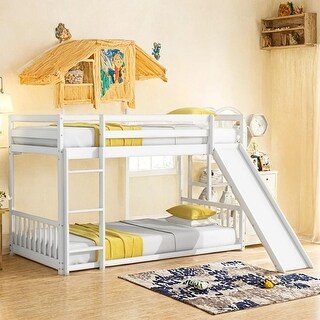 Solid Pine Wood Bunk Bed, Convertible Ladder and Slide, Twin Over Twin