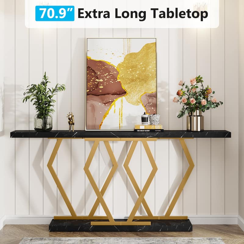 70.9 Inch Extra Long Sofa Table White and Gold Faux Marble Tabletop