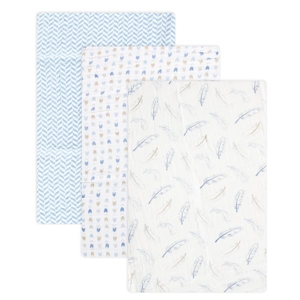slide 1 of 1, Hudson Baby Infant Boy Cotton Muslin Swaddle Blankets, Blue Feather, One Size - Blue Feather - 3-Pack