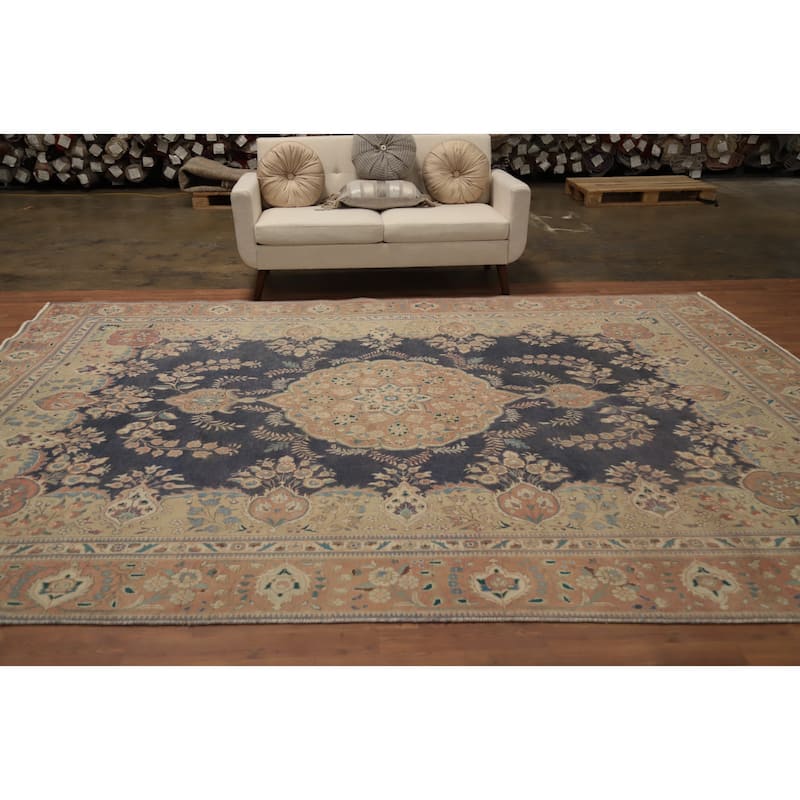 Hand Knotted Oriental 100% Wool Carpet Traditional Floral Navy Blue & Blues Tabriz Area Rug - 12' 1'' X 9' 4''