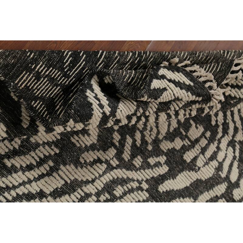 Black & Ivory Moroccan Abstract Rug Hand-Knotted Wool Carpet - 5'11"x 9'2"