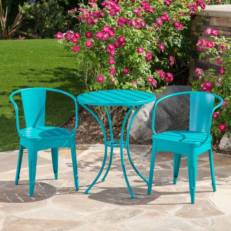 Modern 3-Piece Powder-Coated Iron Bistro Set with Round Slatted Table and Stackable Armchairs for Compact Outdoor Spaces