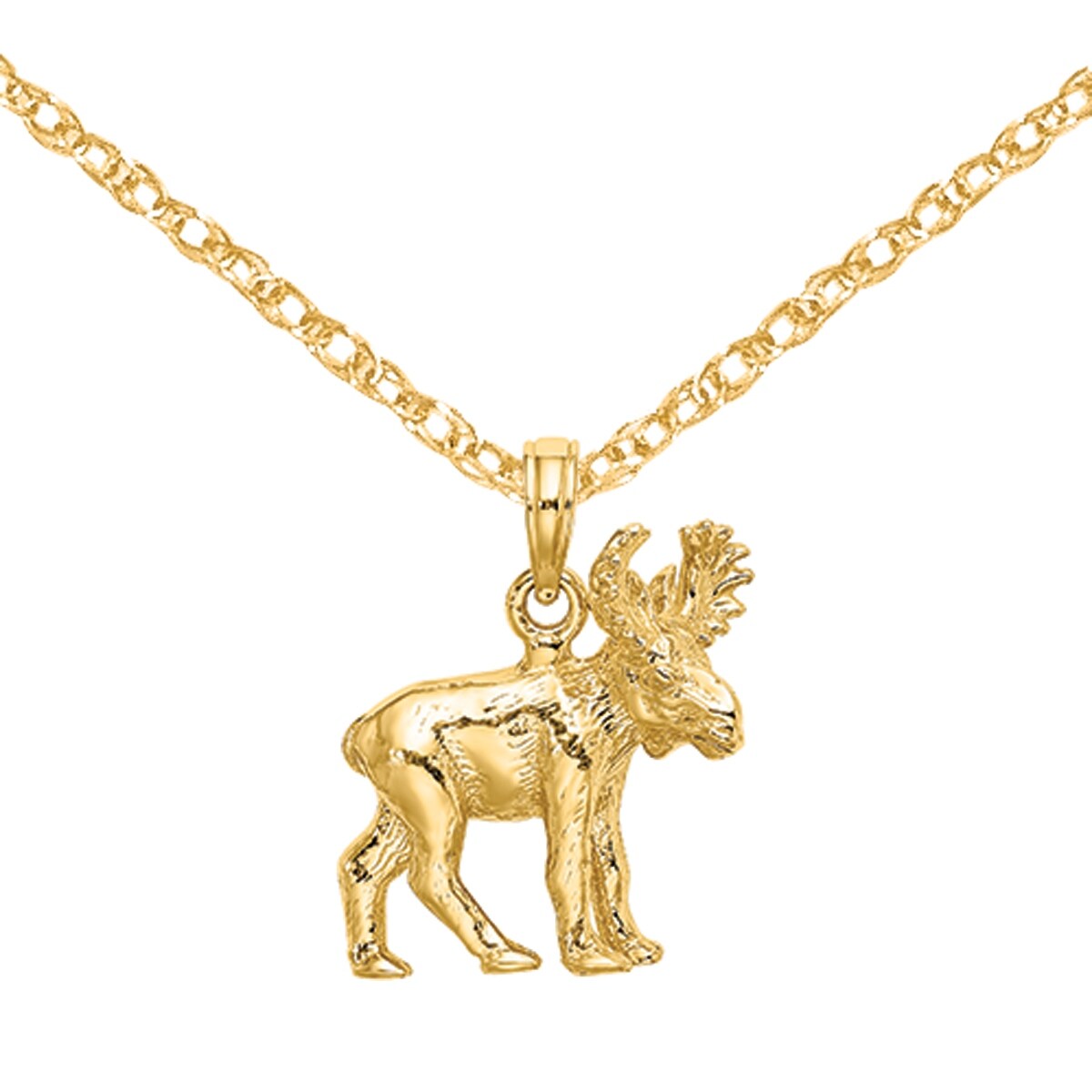 14k Yellow Gold 3-D Moose Pendant on a 14K Yellow Gold Rope Box or Curb Chain Necklace