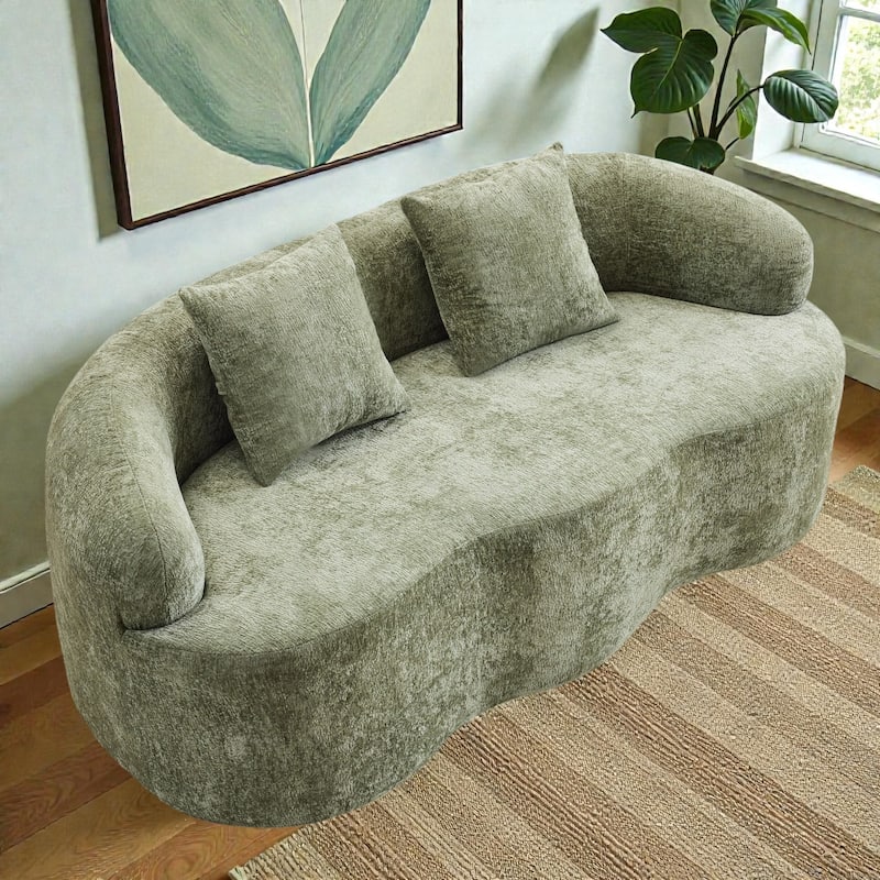 Curved Loveseat Sofa with Round Armrests, Compression Couch with 2 Pillows, Cream No Assembly Sofa