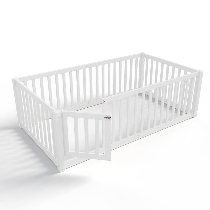 Montessori Floor Bed with Safety Guardrails & Door, Kids Low Profile Frame, Available in Queen/Full/Twin