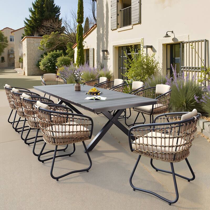 VredHom 11PC Outdoor Patio Aluminum X-Frame Dining Set Table with Rattan Chairs Umbrella Hole