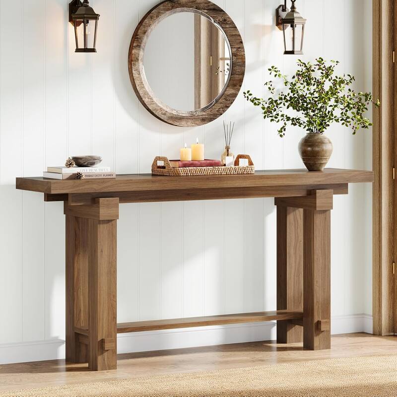 2-Tier Farmhouse Console Entryway Table, 63-Inch Narrow Long Sofa Console