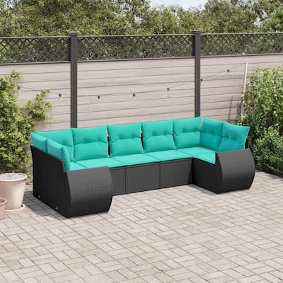 vidaXL 7 Piece Patio Sofa Set with Cushions Black Poly Rattan - 28 x 24.4 x 27.2