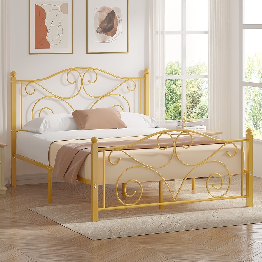 Victorian Style Metal Bed Frames with Headboard,No Box Spring Needed