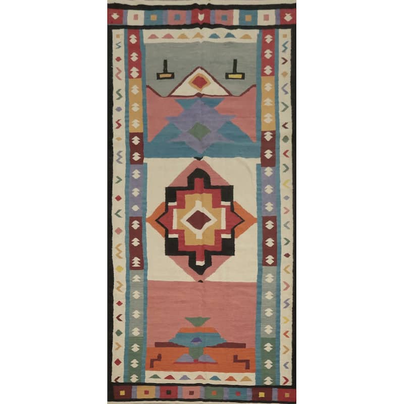 Hand Woven Oriental 100% Wool Carpet Southwestern Tribal Multi-Colored Kilim Area Rug - 12' 5'' X 5' 2''
