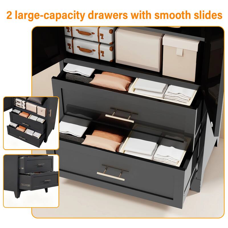 71" Metal Wardrobe Cabinet with 2 Drawers & Hanging Rod - 2-Door Closet with Shelf for Bedroom, Office, Entryway