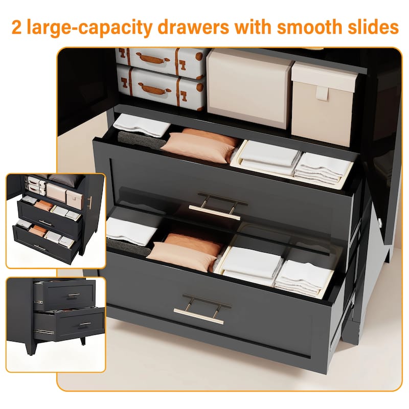 Black Clothing Storage Cabinet with 2 Drawers and Hanging Rod, 2 Doors Wardrobe Armoire Closet with Shelf