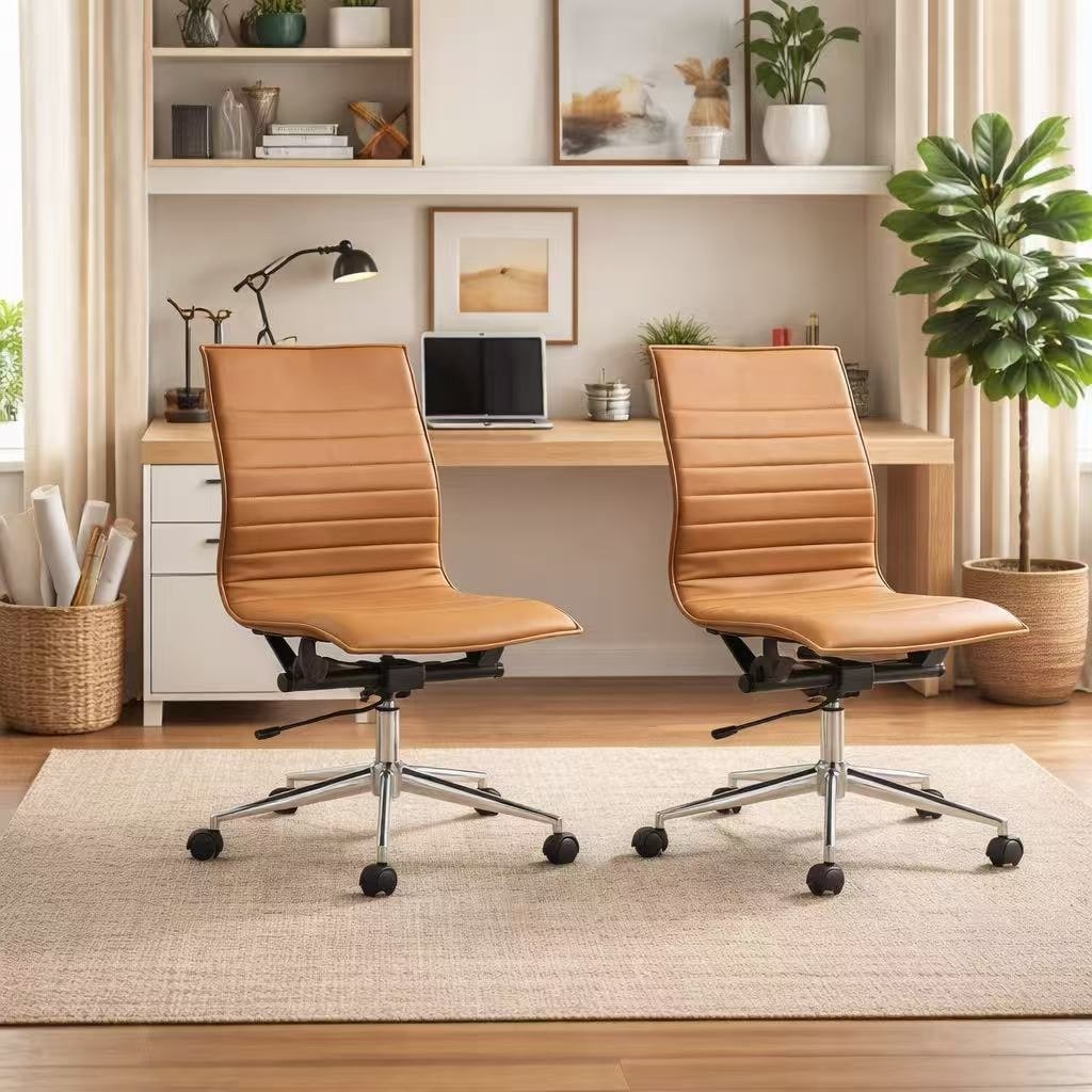 Set of 2 Modern Office Chairs, Upholstered PU Leather Ribbed Armless Mid Back with Metal Frame, Adjustable Height, Tilt
