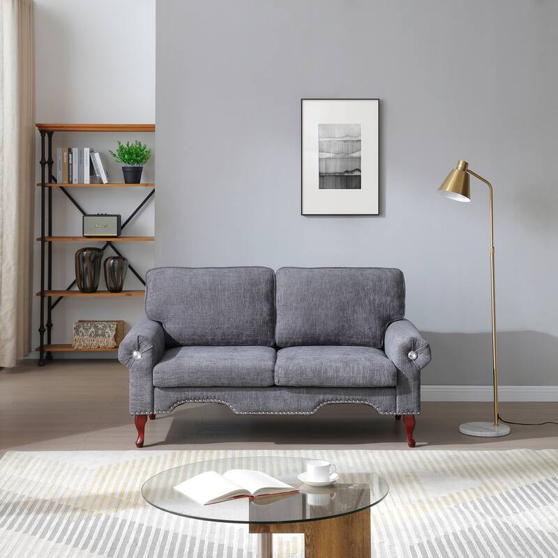 2-Seater Sofa Couch with Crystal Button Accents, Sofa Couch Loveseat with Wooden Non-Slip Legs and Rolled Armrests - Grey