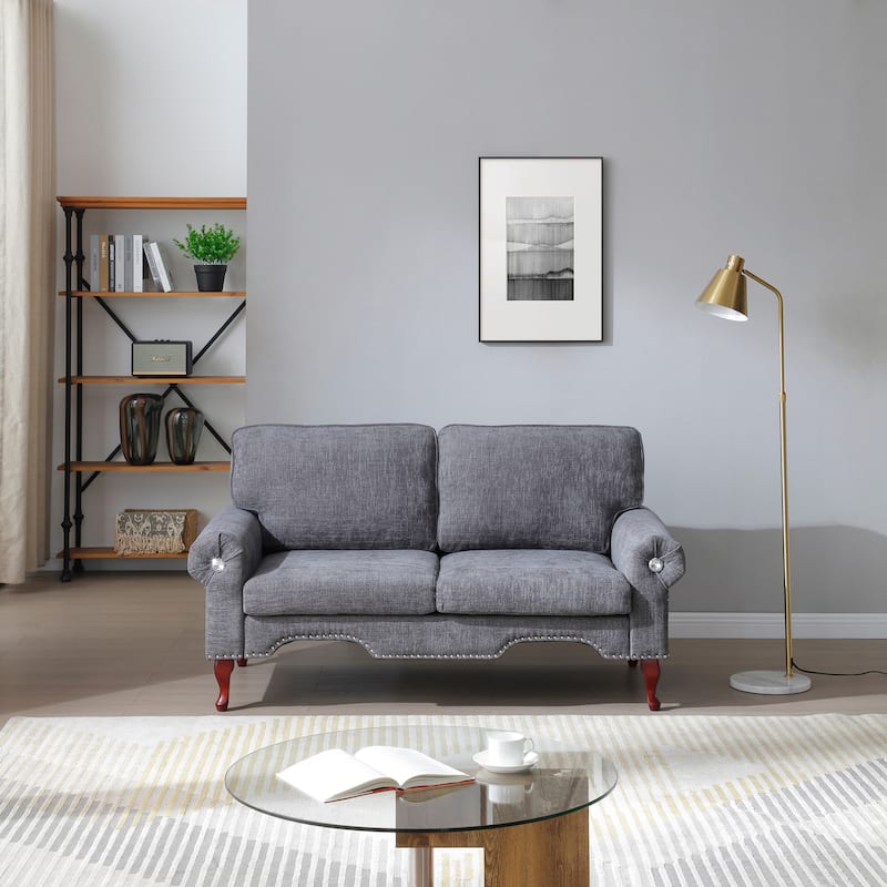Velvet Upholstered Loveseat Sofa, Small Couch with Tufted Backrest and Wooden Legs, 2 Seater Sofa with Crystal button - Grey