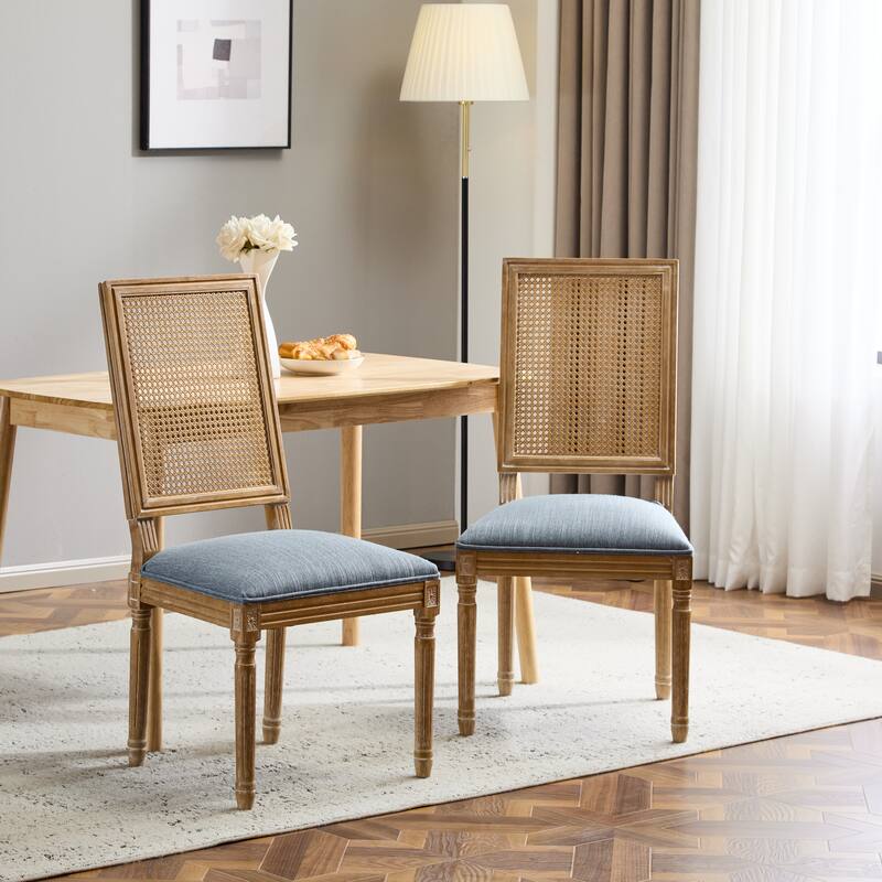 [Set of 2]Dining Chairs -Elegant Cane Backrest & Upholstered Seats with Fluted Legs -Rustic Weathered Finish -Rubberwood Frame