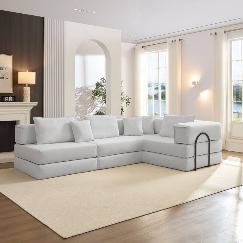 118.2" Oversized Modular Foldable Floor Sofa Couch, Corduroy Upholstered Convertible Sectional Sofa Bed w/ Pillows for Apartment