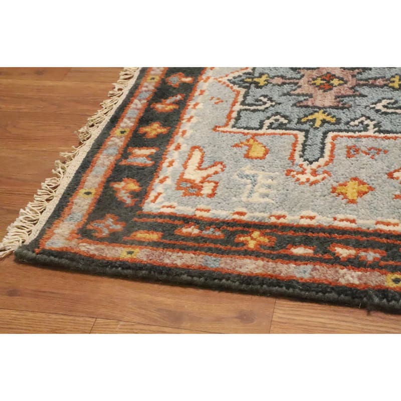 Hand Knotted Oriental 100% Wool Carpet Traditional Geometric Navy Blue & Blues Kazak Runner Rug - 10' 3'' X 2' 6''