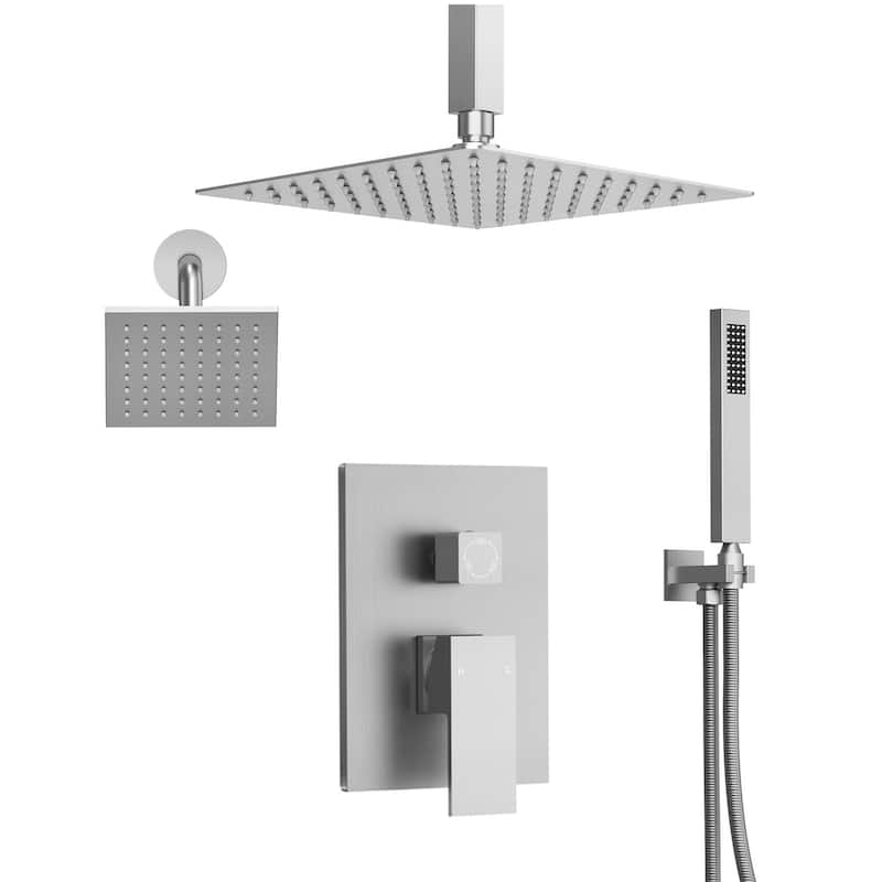 Triple-Function 10" & 6" Dual Shower Heads Shower Faucet Set, Ceiling Mount Shower System - 10" x 6" - Brushed Nickel