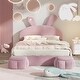 preview thumbnail 18 of 29, Twin/Full Size Upholstered Platform Bed w/Cartoon Ears Shaped Headboard & Light, Cartoon Twin Bed Frame w/2 Small Storage Stools