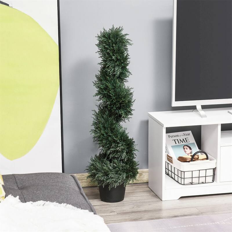 Artificial Spiral Cedar Topiary Tree 35.5 Inch Dark Green Lifelike Faux Plant Indoor Outdoor Decorative with Cement Pot
