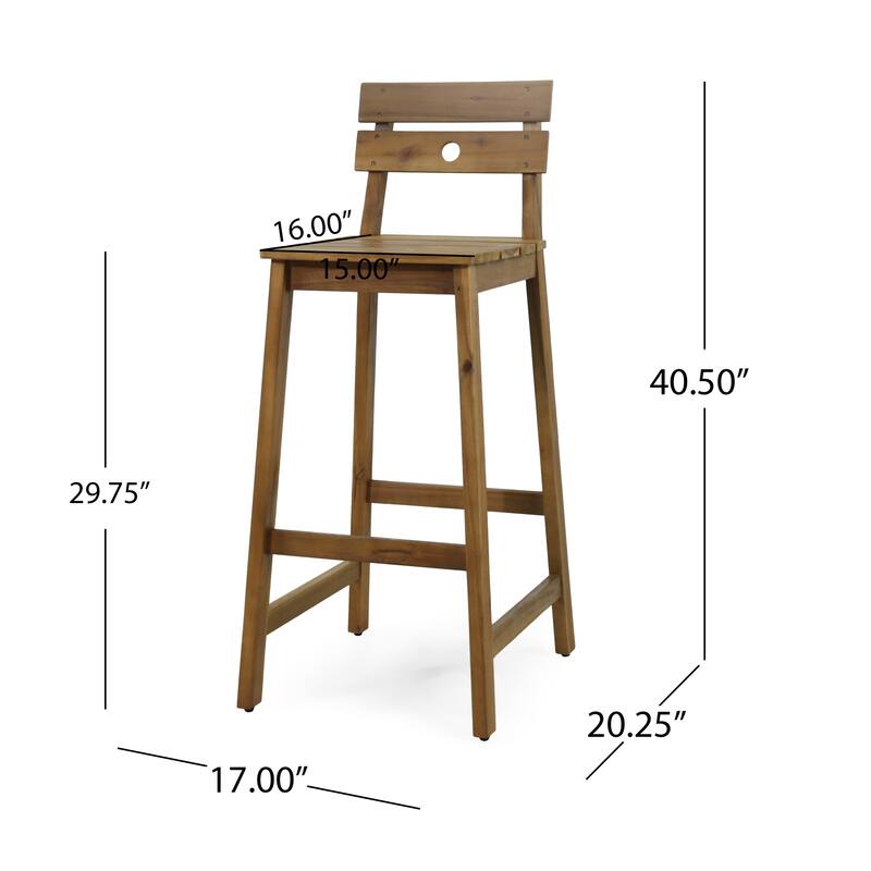 Roomfitters 2-Piece Outdoor Acacia Wood Bar Stools, Rustic Patio Counter Height Dining Chairs with Slat Back Design, Brown