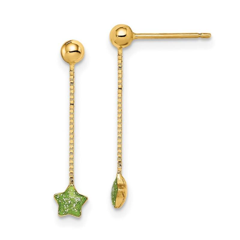 Curata 14k Yellow Gold 21mm Green Enameled Star Chain Dangle Post Earrings